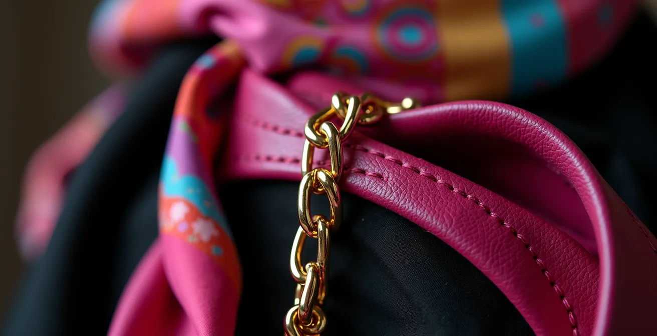 Ensemble d'accessoires colorés disposés avec élégance autour d'une tenue noire