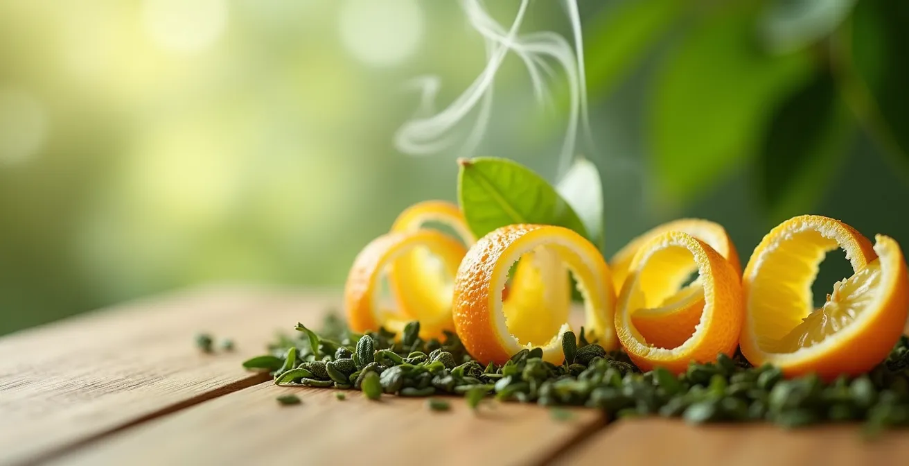 Composition artistique d'écorces de bergamote en spirale entrelacées avec des feuilles de thé vert sur une surface en bambou.