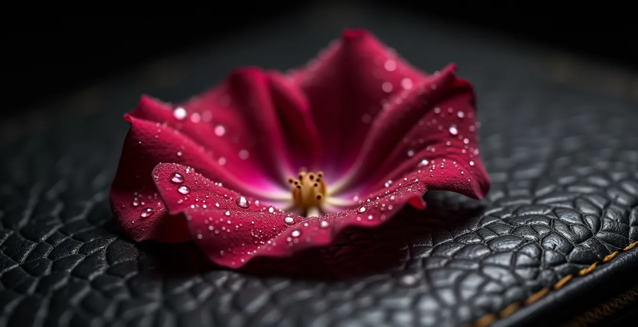 Composition artistique mêlant pétales de rose et texture cuir