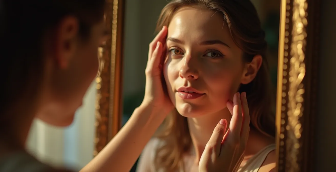 Personne contemplant son nouveau reflet avec bienveillance dans un miroir vintage