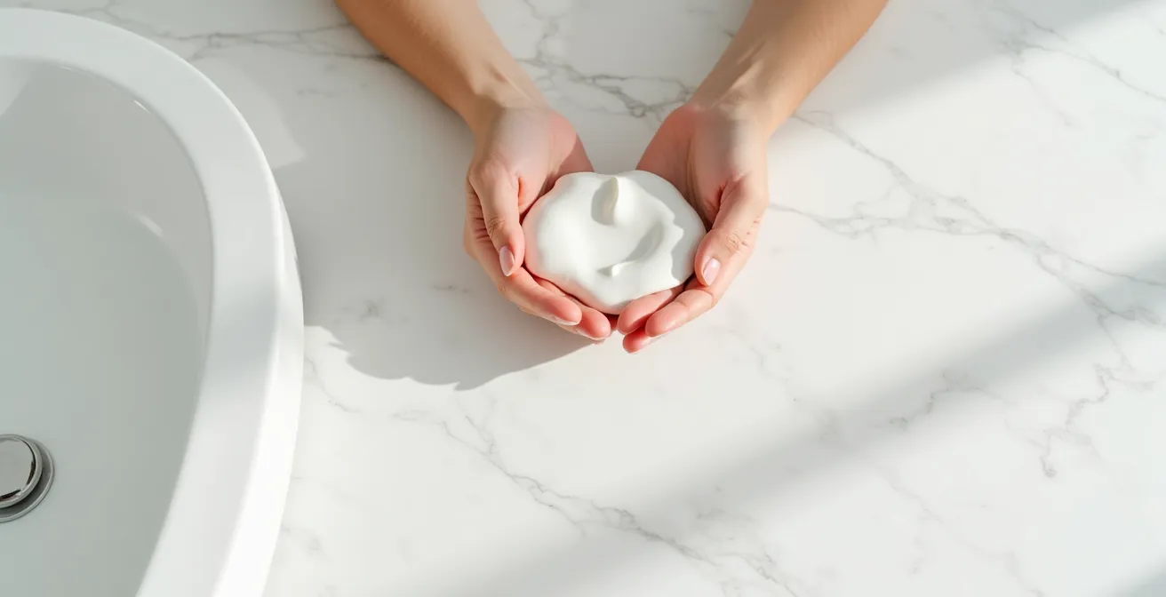 Mains féminines appliquant délicatement une crème sur le visage avec des mouvements de tapotements