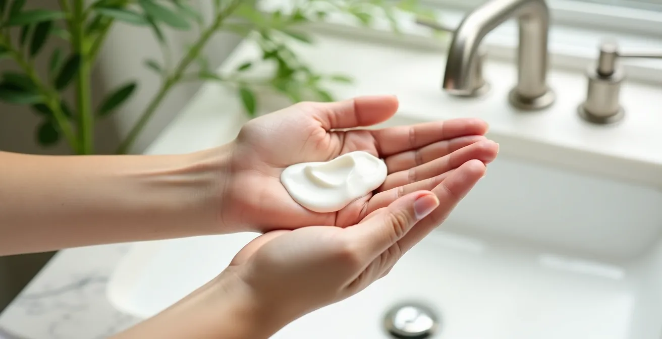 Mains féminines appliquant délicatement une crème naturelle par tapotements sur la peau