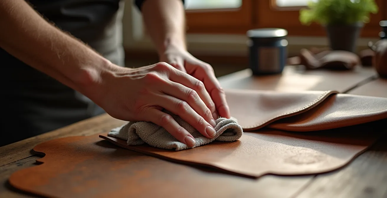 Mains appliquant délicatement un produit d'entretien sur du cuir grainé avec un chiffon doux