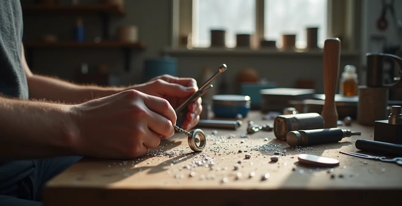 Artisan bijoutier travaillant sur une pièce unique dans son atelier