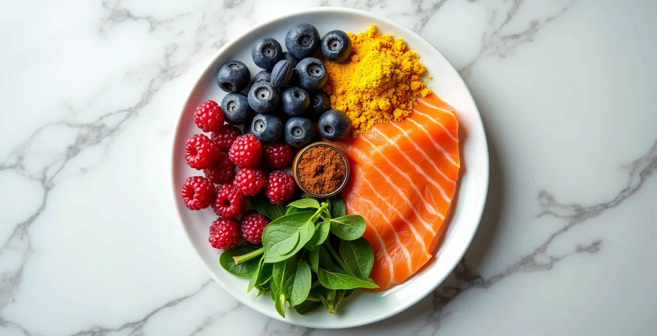 Assiette colorée vue du dessus avec aliments anti-inflammatoires disposés en arc-en-ciel : curcuma doré, baies rouges, légumes verts, poissons gras