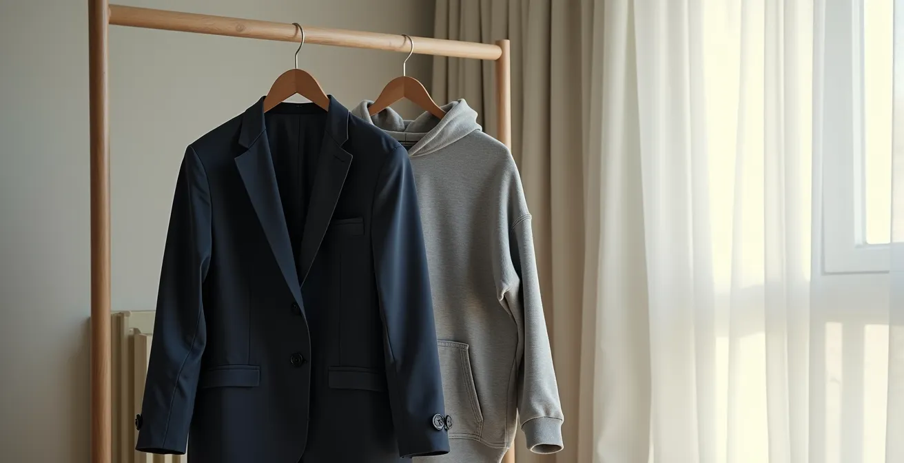 Silhouette moderne montrant l'harmonie entre un blazer structuré et un hoodie