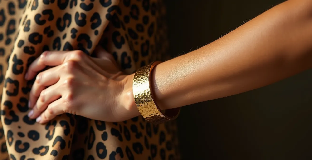 Bras féminin portant manchette dorée martelée avec tissu imprimé léopard en arrière-plan