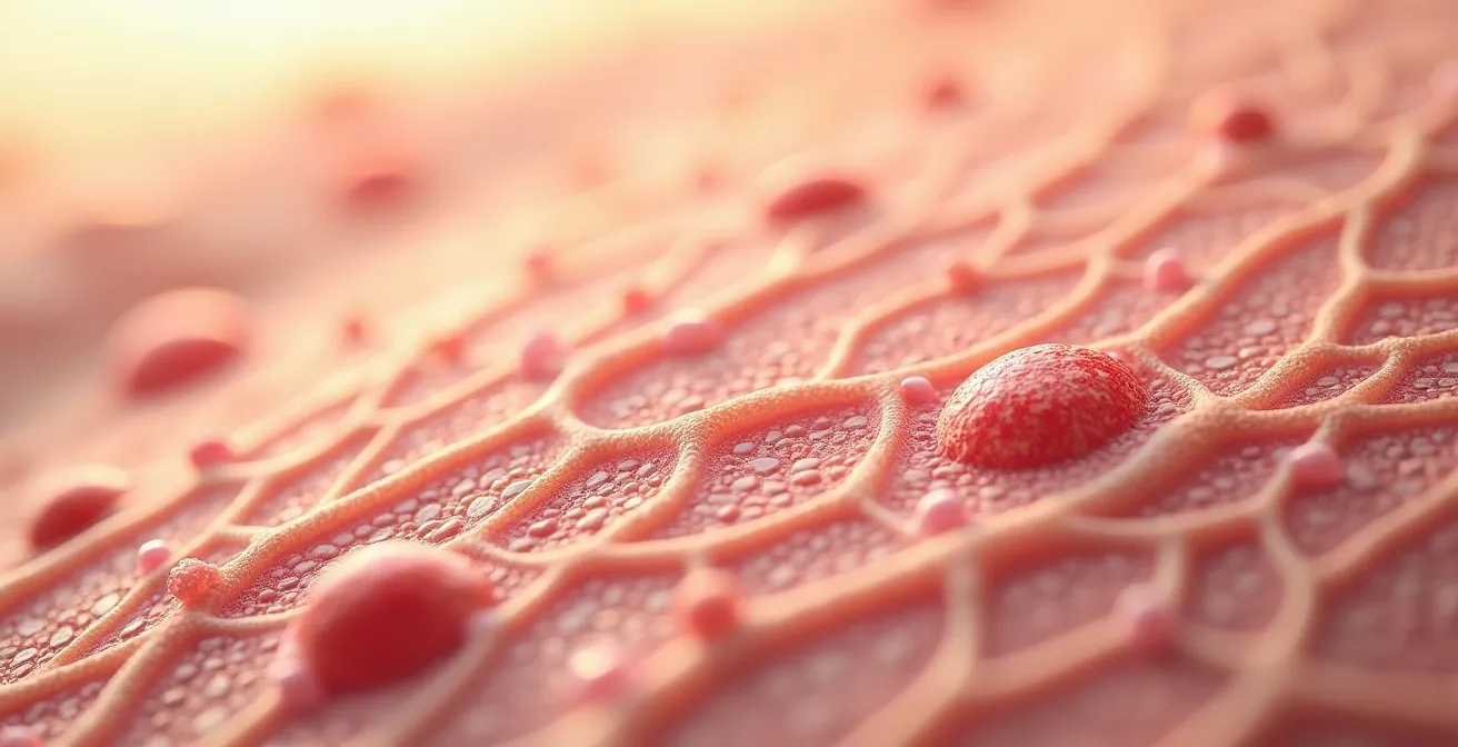 Vue macro de la texture de la peau montrant les signes d'une barrière cutanée altérée