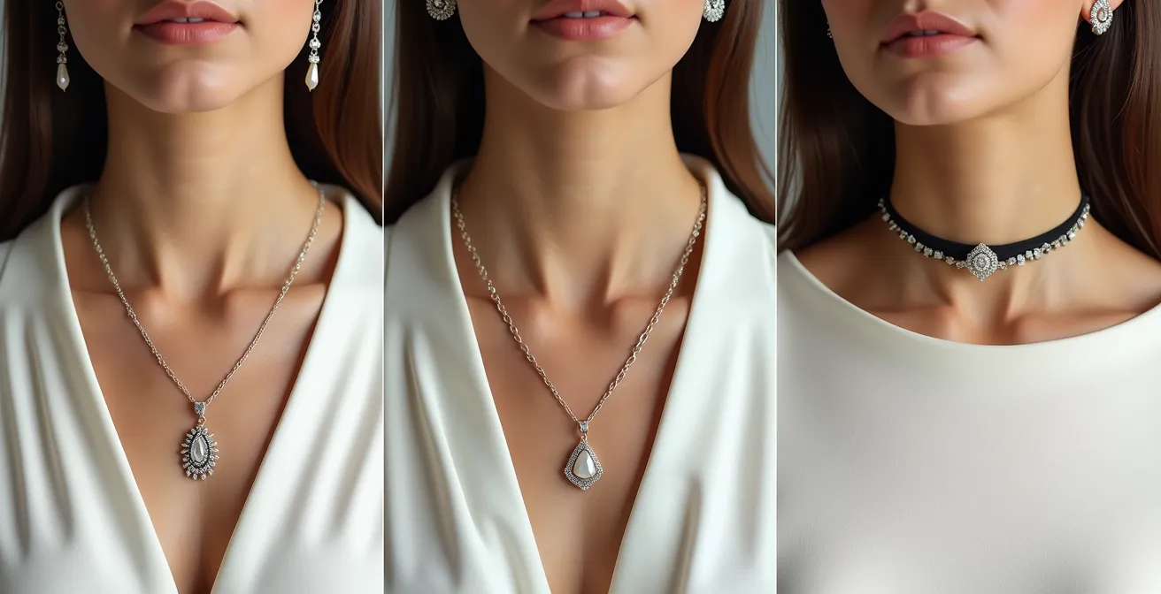 Détail de bijoux élégants sur différents types de cols de robes