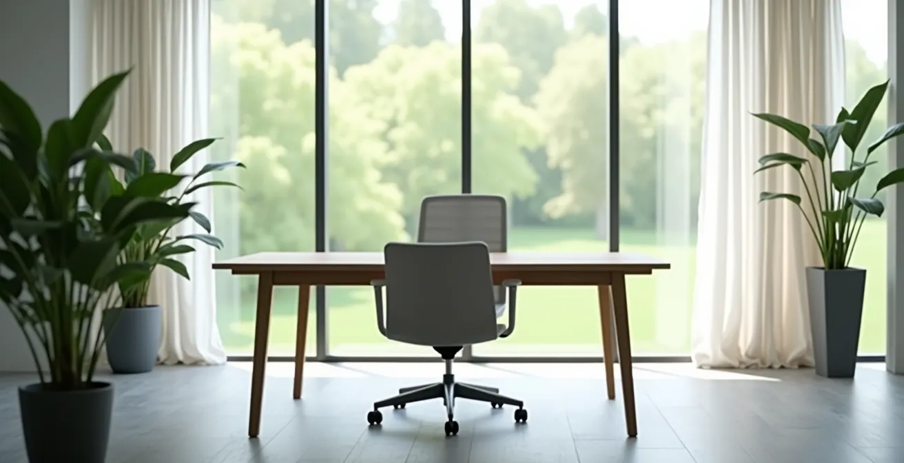 Espace de travail moderne avec éléments suggérant le mouvement : bureau debout, tapis de marche discret, plantes vertes dynamiques