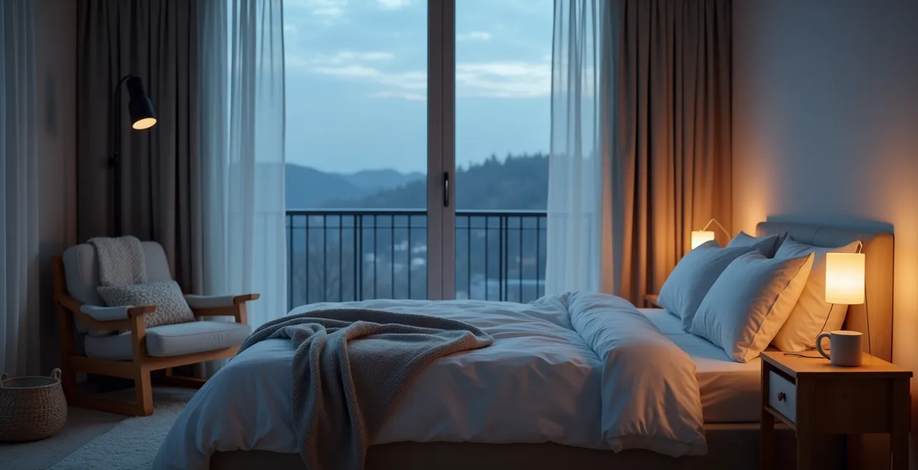 Chambre à coucher avec thermomètre indiquant 18°C dans une ambiance nocturne apaisante