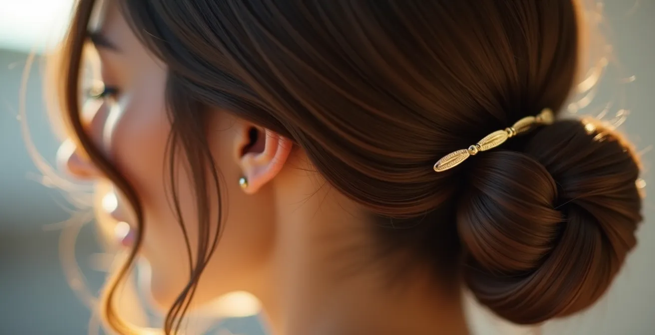 Chignon bas déstructuré avec mèches ondulées encadrant le visage