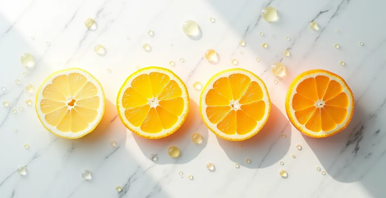 Tranches d'agrumes variés (bergamote, citron, mandarine, yuzu) disposées en dégradé de couleurs sur une surface en marbre blanc.