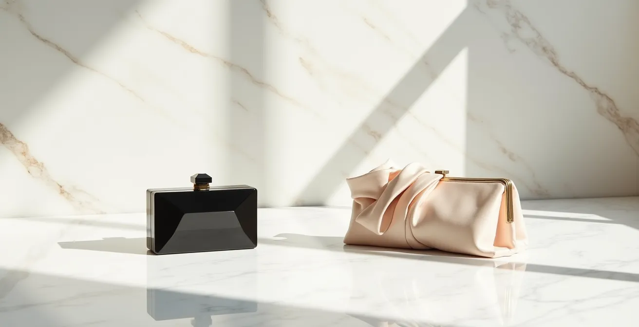 Deux clutchs élégantes côte à côte montrant la différence entre structure rigide et souple