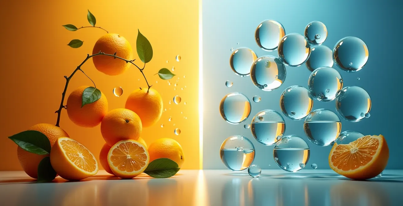 Composition symbolique montrant la différence entre essence naturelle et synthétique de bergamote