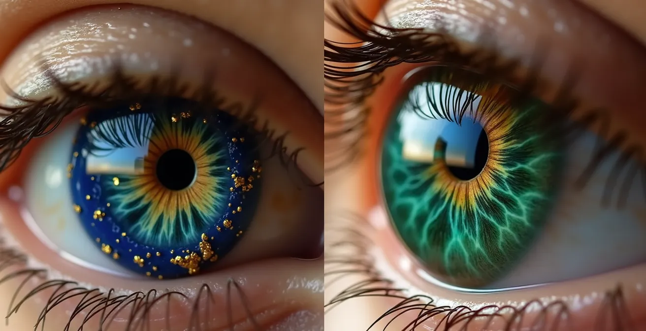 Gros plan sur deux boucles d'oreilles, une en lapis-lazuli et une en malachite, près d'un œil noisette aux reflets dorés