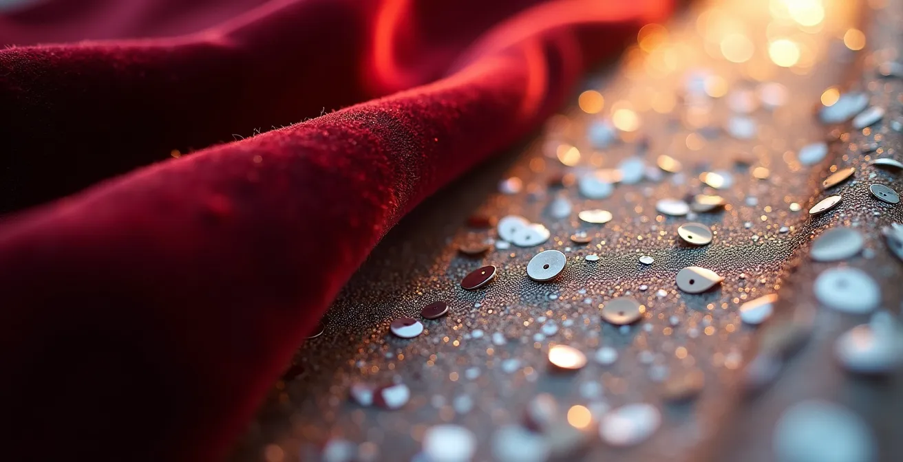 Comparaison de textures de tissus velours et paillettes sous différentes lumières