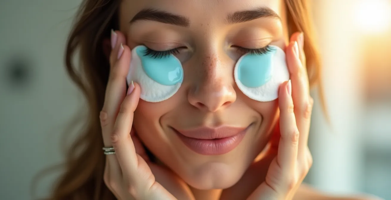 Application de compresses d'hydrolat de bleuet sur les yeux