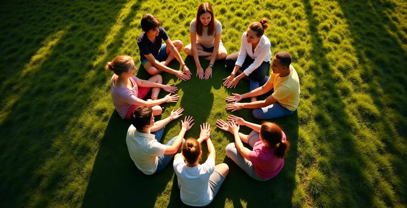 Groupe de personnes en cercle vues du dessus, leurs mains au centre créant une mandala humaine lumineuse
