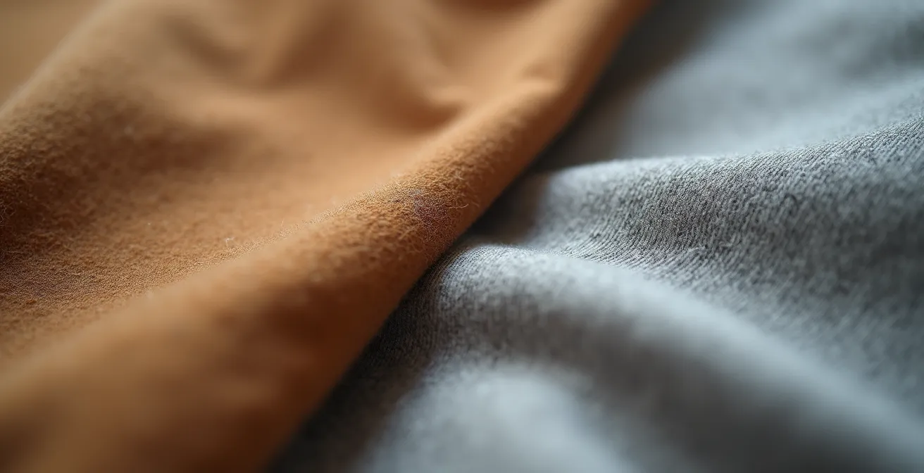 Détail de textures contrastées entre un manteau en cachemire et un sweat en coton