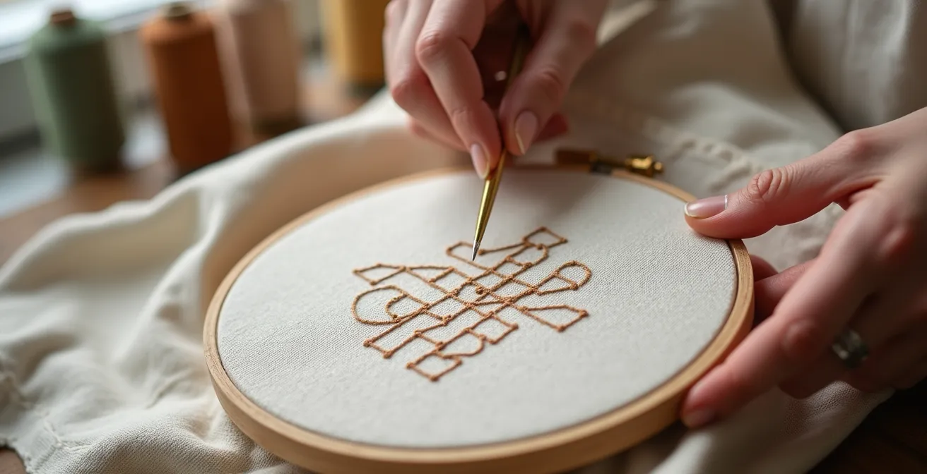 Gros plan sur des mains brodant délicatement un motif minimaliste sur un tote bag en toile naturelle