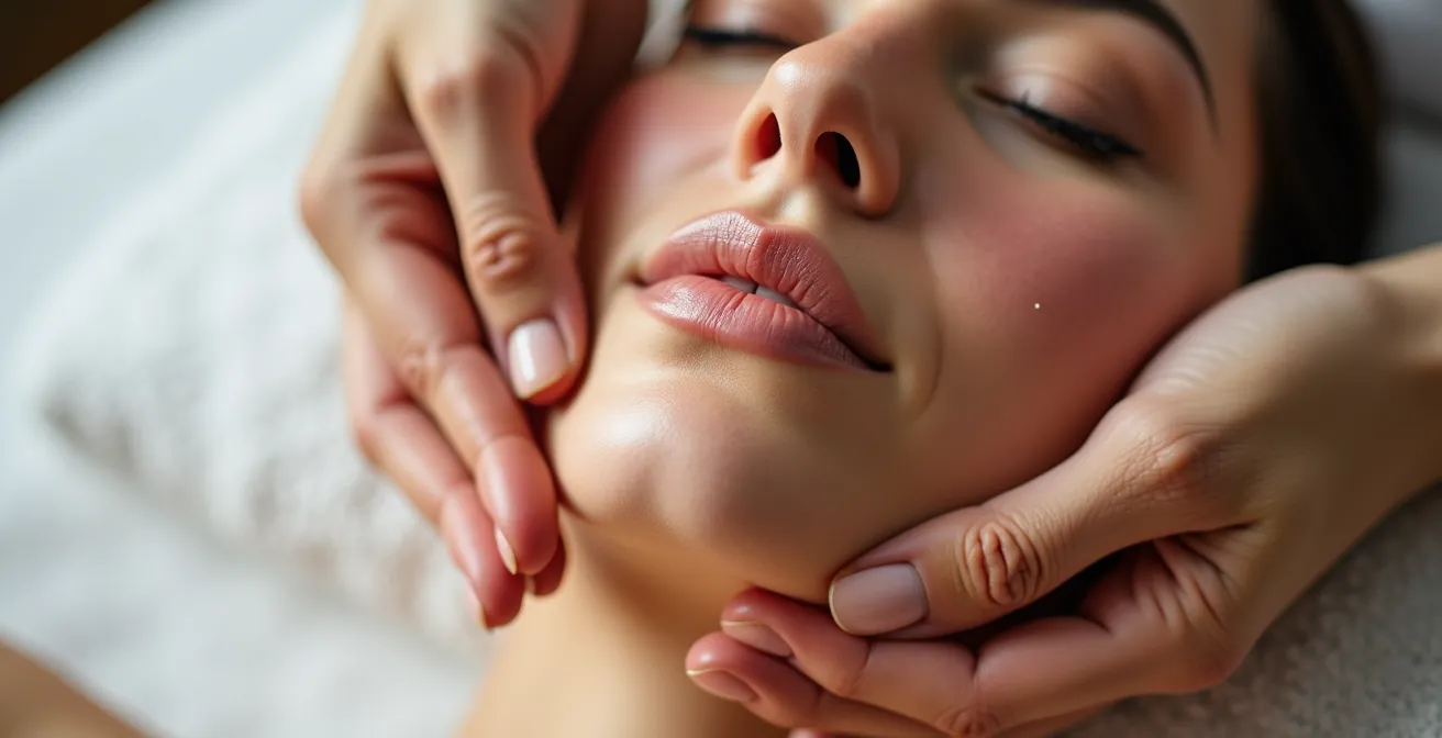 Mains effectuant des mouvements de drainage lymphatique sur le visage avec technique de massage doux