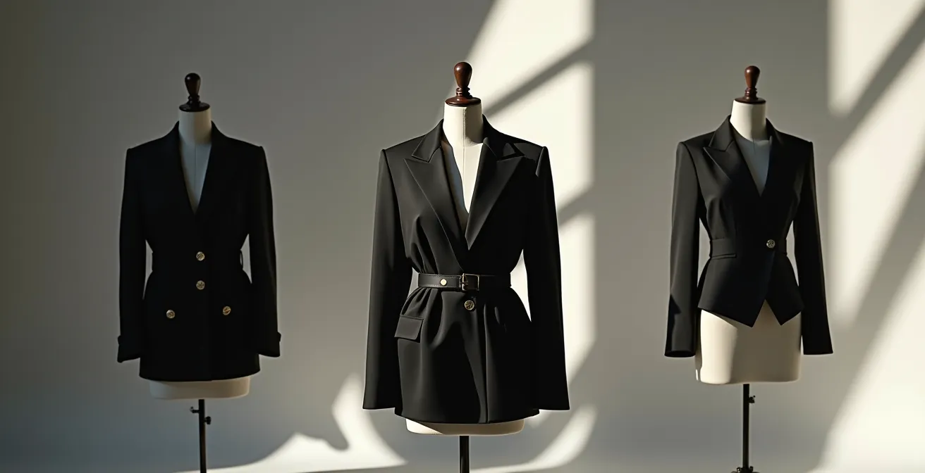 Composition montrant l'harmonie entre pièces oversized et cintrées dans une tenue équilibrée