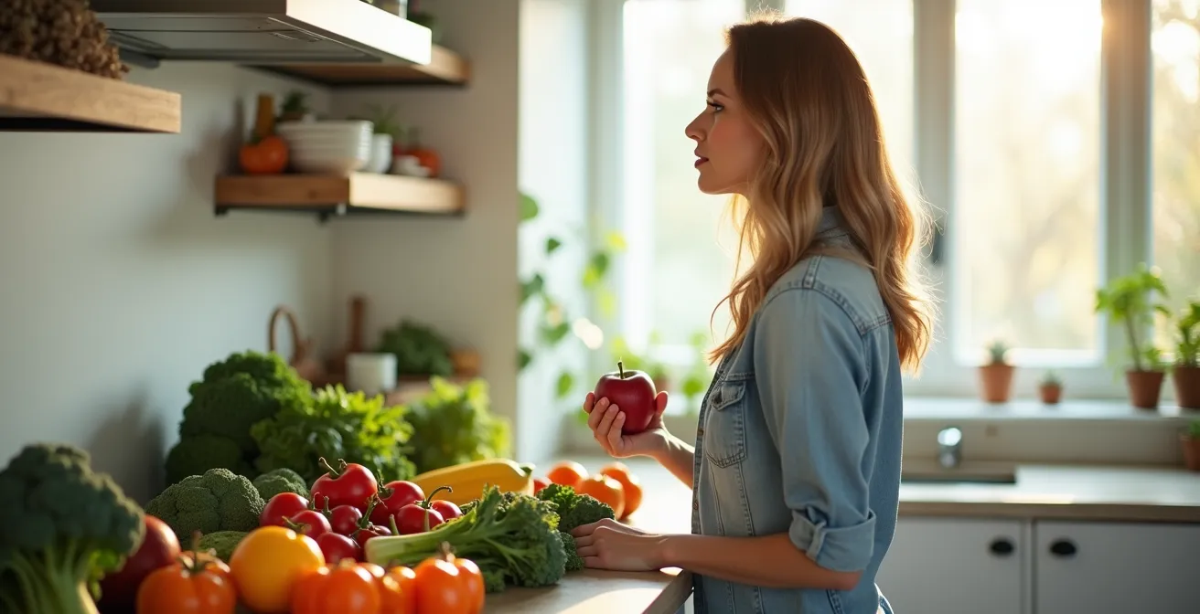 Femme réfléchissant devant des aliments sains dans une cuisine lumineuse
