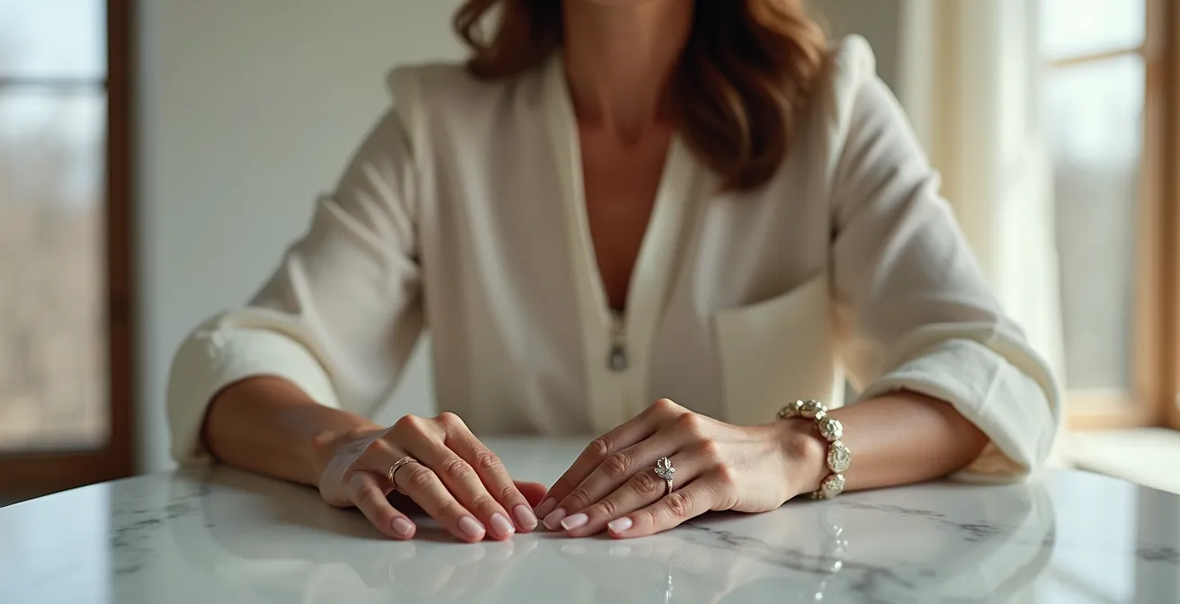 Femme mature portant subtilement un bijou tendance associé à des pièces classiques dans un cadre épuré