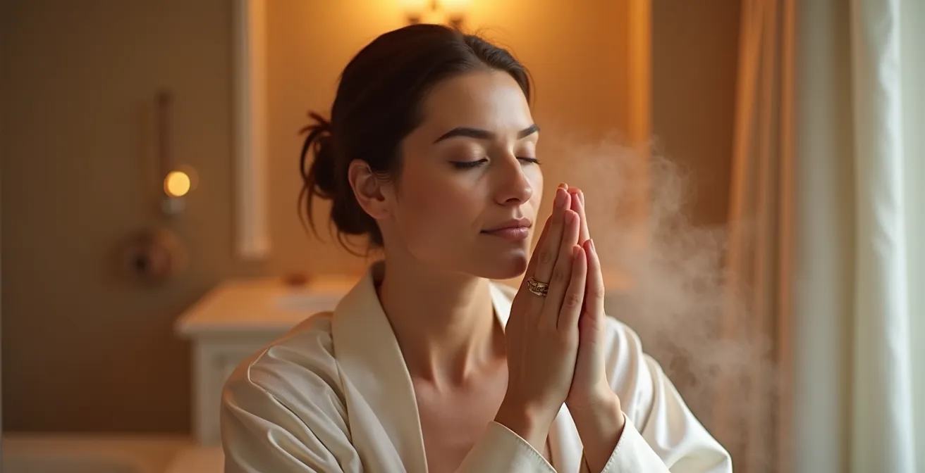 Femme les yeux fermés respirant profondément ses poignets parfumés