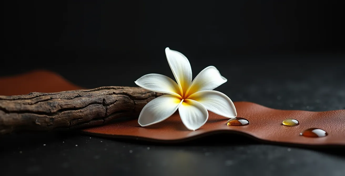 Composition masculine associant jasmin, cuir et bois sombres