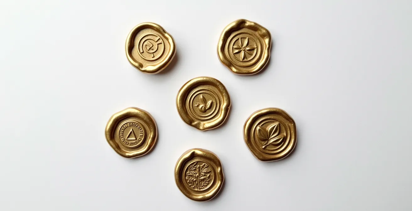 Arrangement minimaliste de tampons encreurs vintage disposés en cercle sur fond blanc épuré