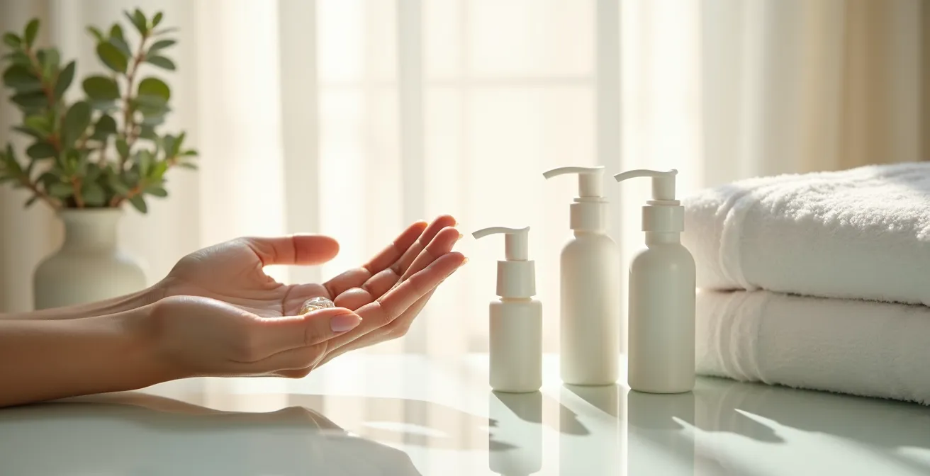 Mains féminines appliquant l'excédent de sérum d'un masque sur le dos de la main