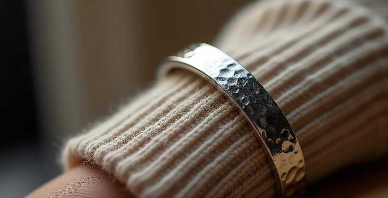 Manchette argentée martelée positionnée sur le bord-côte d'un pull cachemire beige