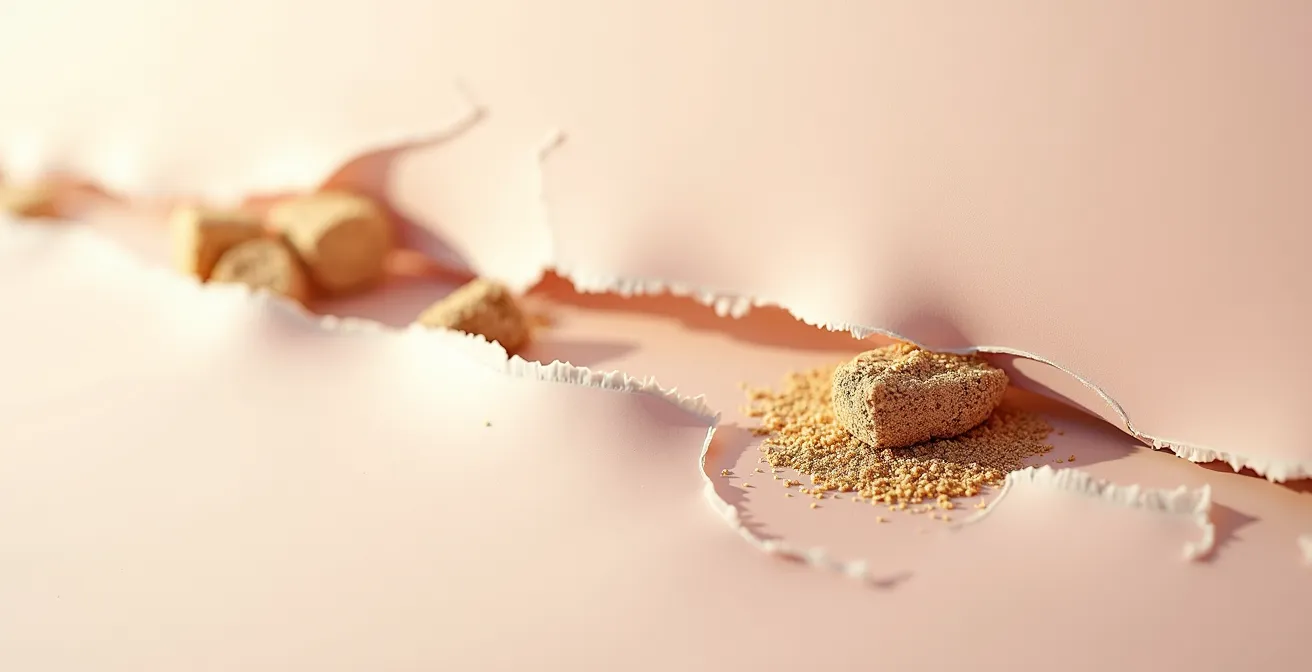 Vue microscopique de la surface de la peau montrant l'effet des particules abrasives