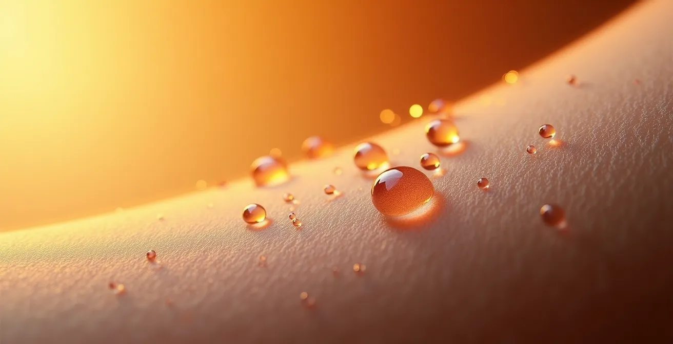 Vue macro de la peau avec gouttelettes de parfum et évaporation visible