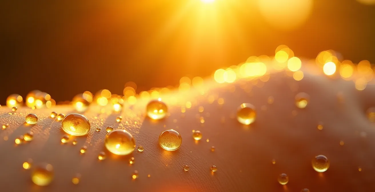 Vue macro de molécules de parfum ambrées s'évaporant sous l'effet de la chaleur estivale