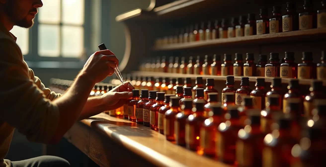 Parfumeur travaillant dans son laboratoire artisanal avec des fioles d'essences
