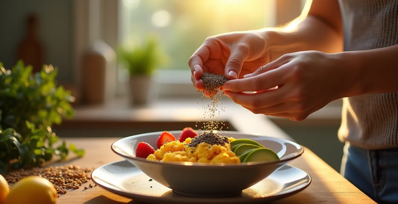 Petit-déjeuner riche en protéines avec œufs, graines, yaourt végétal et baies colorées