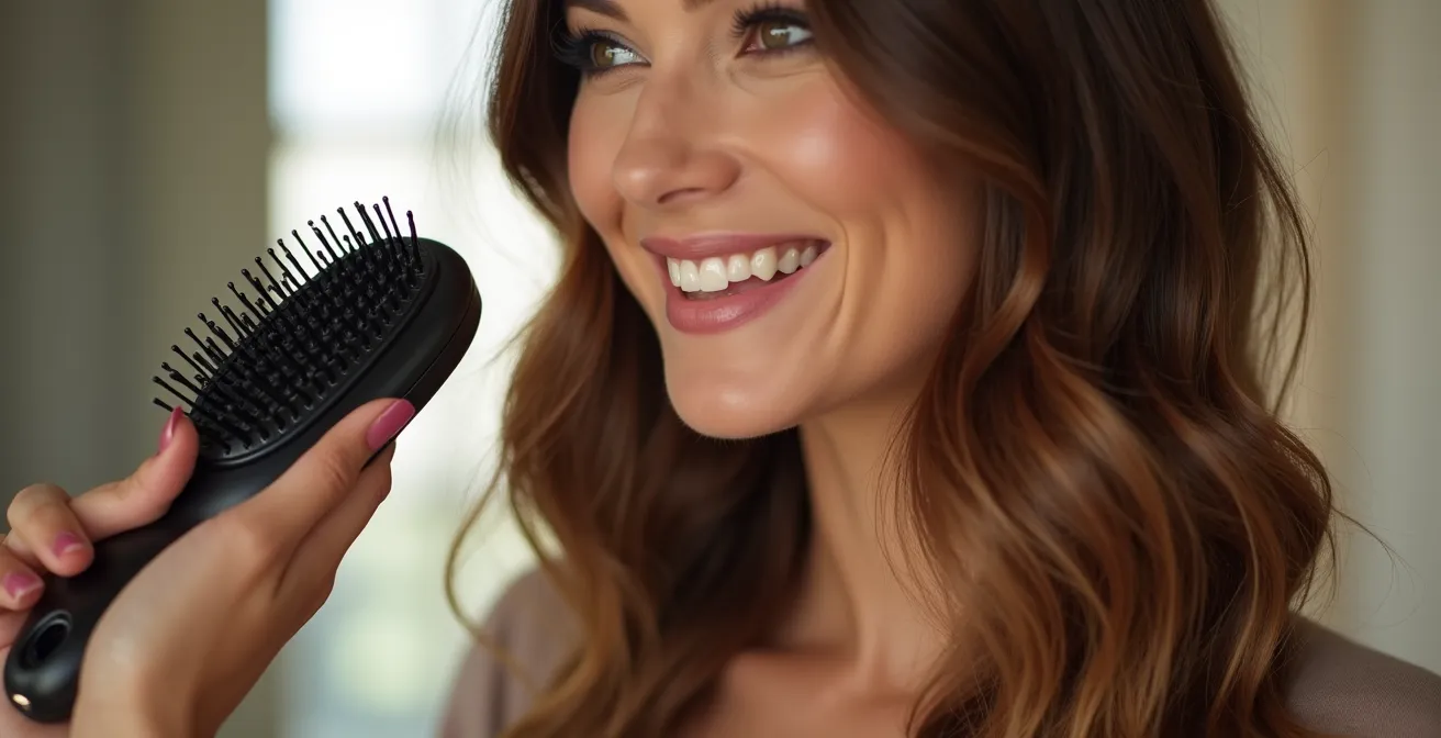 Portrait d'une femme aux cheveux brillants tenant une brosse professionnelle