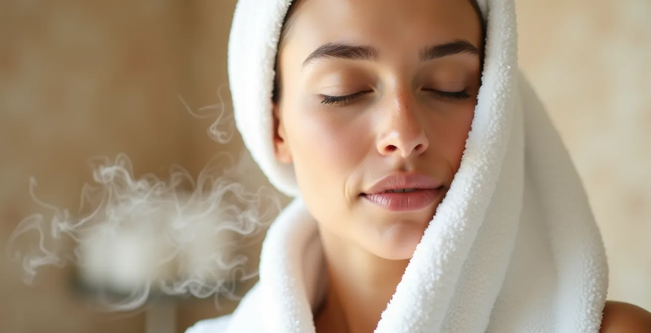 Femme préparant sa peau avec une serviette chaude et vapeur pour ouvrir les pores