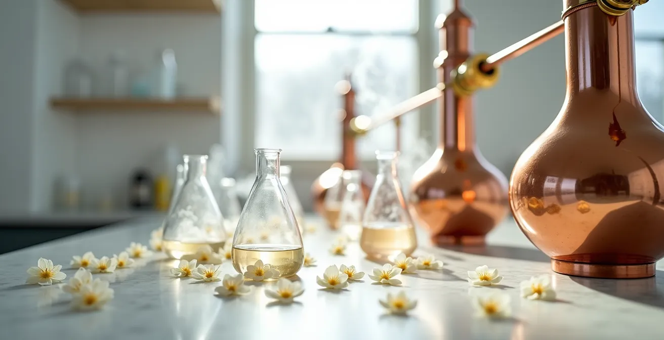 Processus d'extraction du jasmin montrant la transformation de la fleur en absolu précieux