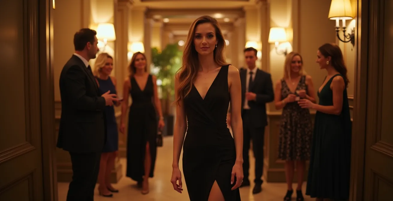 Femme portant une robe cocktail asymétrique élégante dans un salon sophistiqué