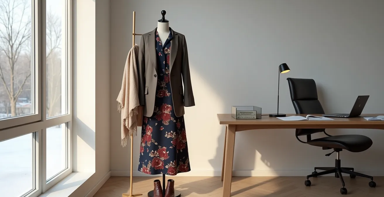 Robe longue à motifs floraux sombres portée avec un blazer structuré en hiver