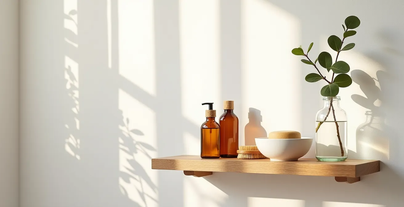 Composition épurée de produits cosmétiques bio essentiels dans un environnement minimaliste