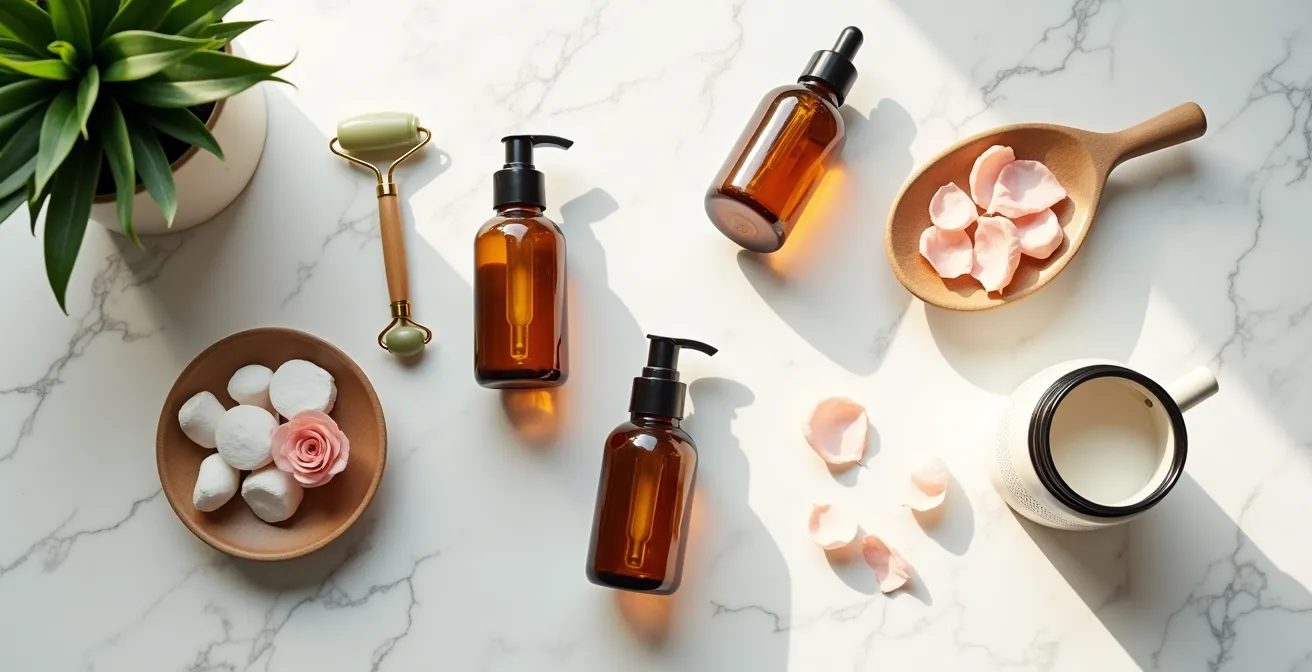 Vue aérienne d'une routine de soins bio disposée harmonieusement sur une surface de marbre