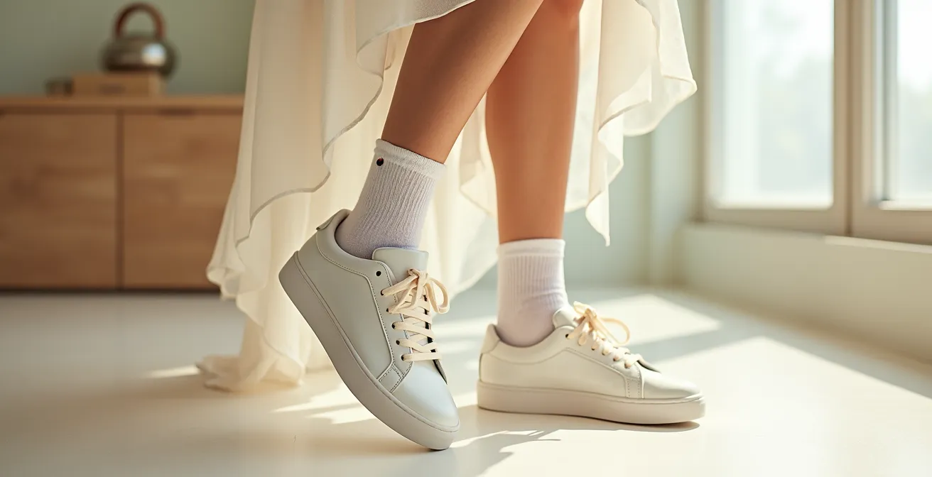 Jambes féminines portant des sneakers blanches avec différents styles de chaussettes et une robe d'été fluide