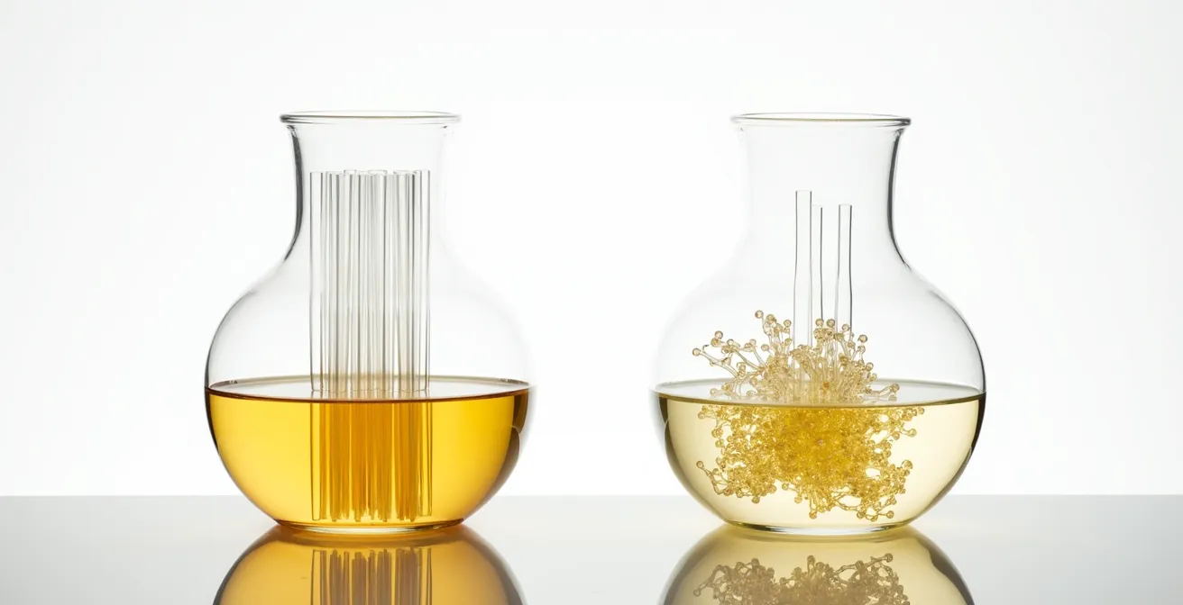 Comparaison visuelle de la structure moléculaire linéaire du jojoba et ramifiée des huiles végétales