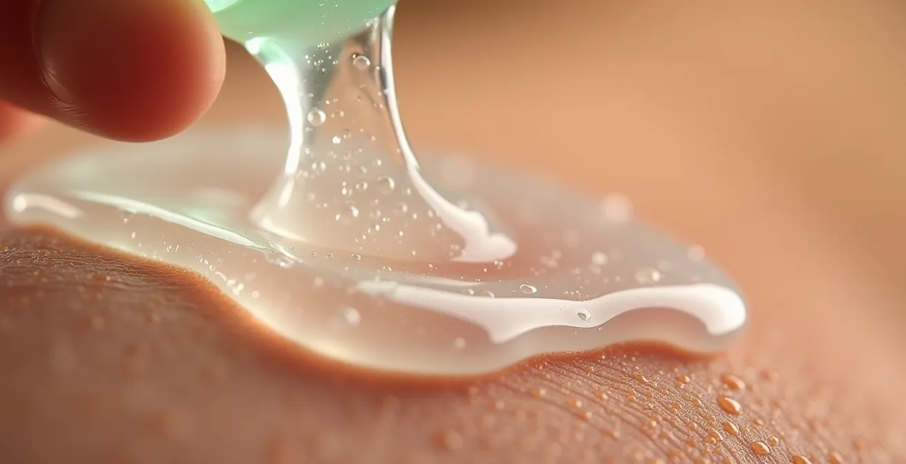 Gros plan sur gel d'aloe vera appliqué sur peau avec effet apaisant visible