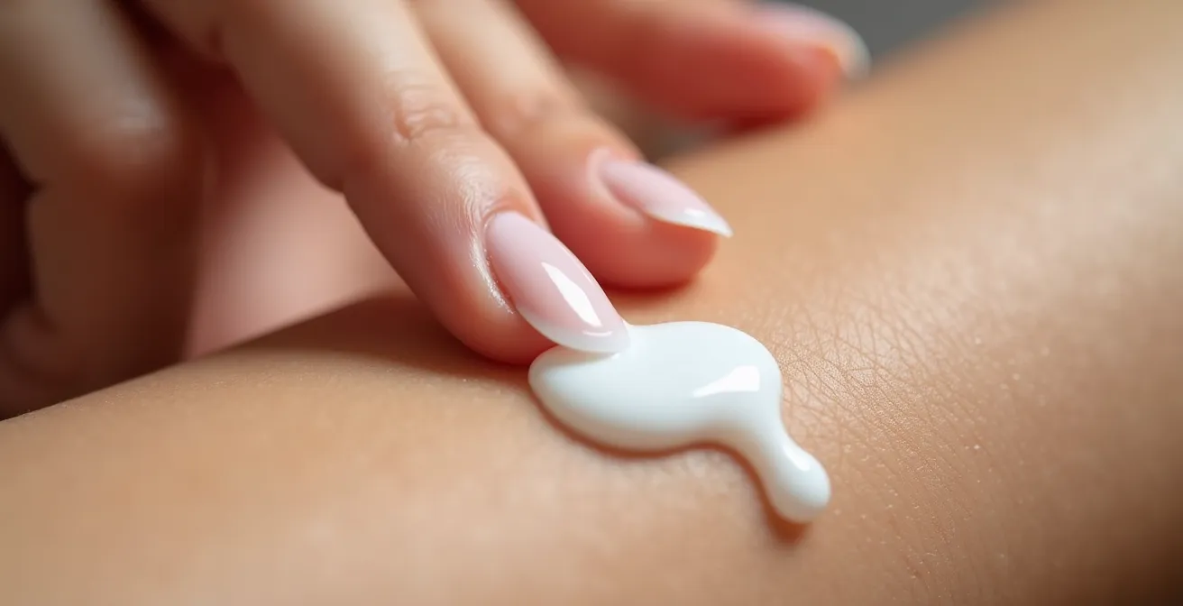 Gros plan macro sur une main appliquant délicatement une crème avec la technique du tapotement